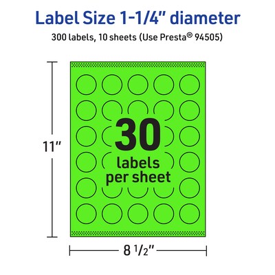 Avery Laser/Inkjet Multipurpose Circle Labels, 1.25" Dia., Neon Green, 300/Pack (94505)