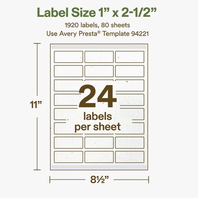 Avery Hemp Rectangle Laser/Inkjet Multipurpose Labels, 1" x 2-1/2", Off-White (1920/Box)