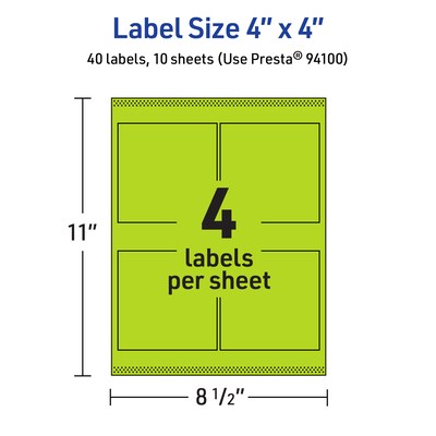 Avery Laser/Inkjet Multipurpose Square Labels, 4" x 4", Bright Green, 40/Pack (94100)