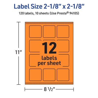 Avery Square Multipurpose Labels, 2-1/8" x 2-1/8", Bright Orange, 120/Pack (94105)