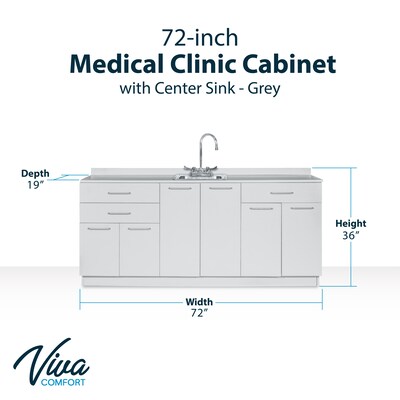 Viva Comfort 36'' H x 72" W Medical Cabinet with Center Sink and 24" W Right Side Desk, 6 Doors, 3 Drawers (90272-CS-GRY-AO)