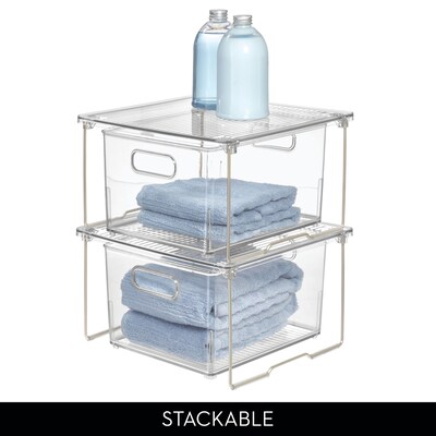 Small Stackable Plastic Bathroom Storage Bin with Handles - Organizer Bin for Bathroom Countertop or Vanity