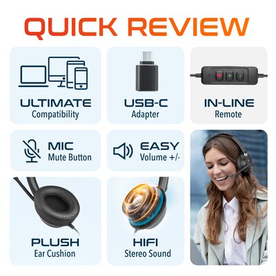 Delton 40Y USB Mono Computer Headset with ENC Microphone and USB-C Adapter, Black (DWH40YAC)