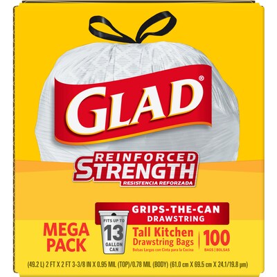 CloroxPro Glad ForceFlex 13 Gallon Tall Kitchen Trash Bag, 8.75" x 9.06", Low Density, .95 mil, White, 100 Bags/Box (CLO 78526)