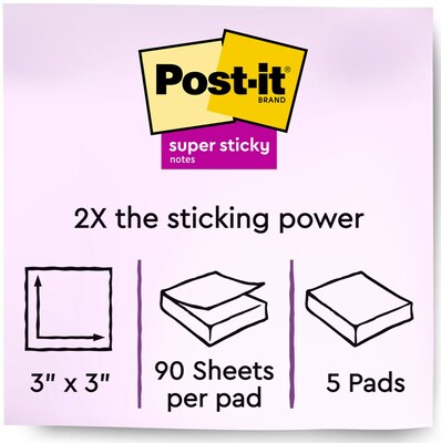 Post-it Super Sticky Notes, 3 x 3, Playful Primaries Collection, 90 Sheets/Pad, 5 Pads/Pack (654-5