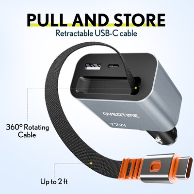 Overtime A50 72W USB-C and USB-A Car Charger with 2 ft Retractable USB-C Cable, Black (OCA50BK)