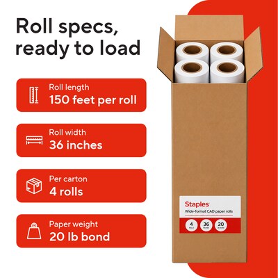 Staples Wide Format CAD Bond Paper, 36" x 150', 4/Carton (26654-CC)