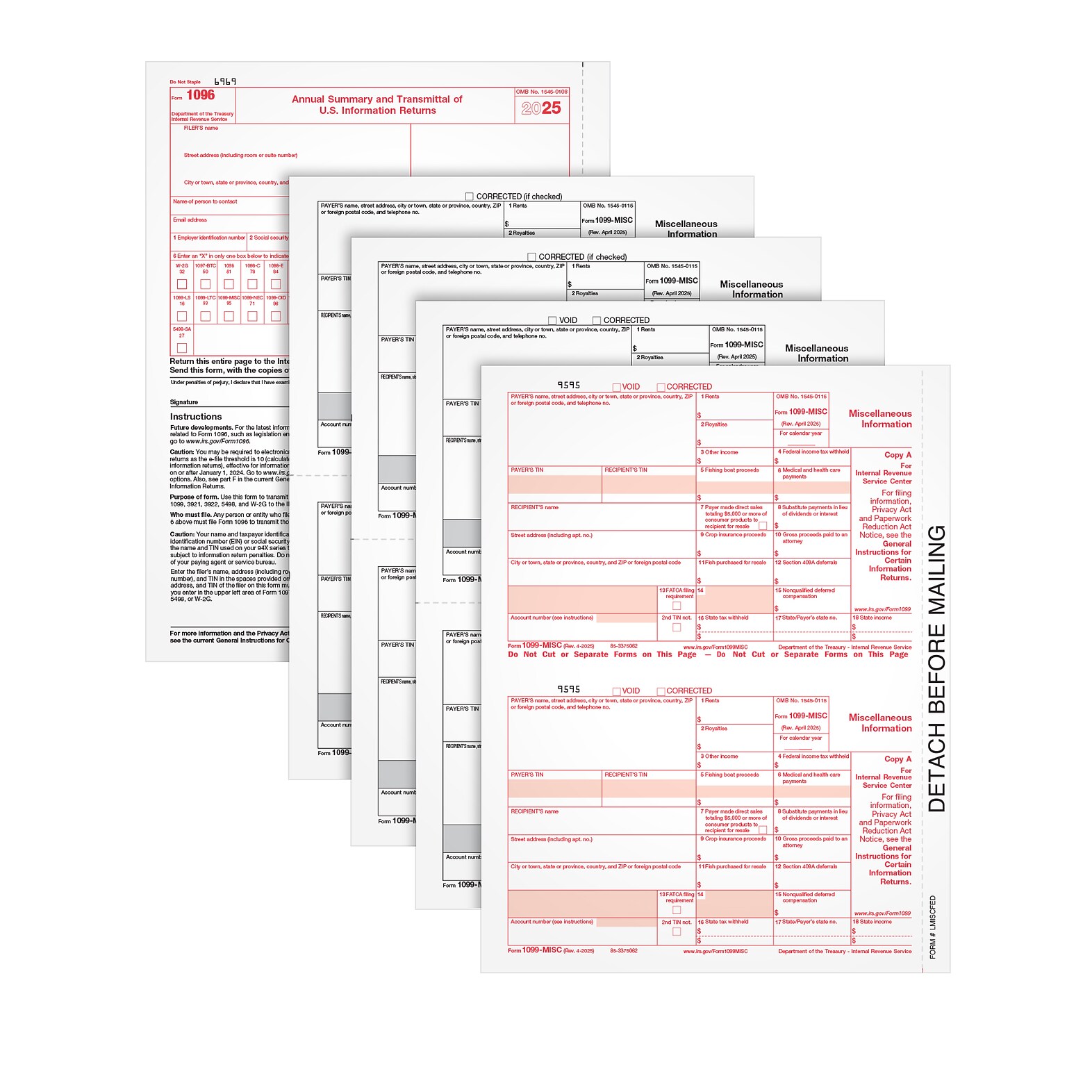 Adams Employees Copies Cut Sheet 2025 1099-MISC Tax Form Kit with 3 1096 Forms, 4-Part, Copy A, B, 1, 2, 50/Pack (6103Q)