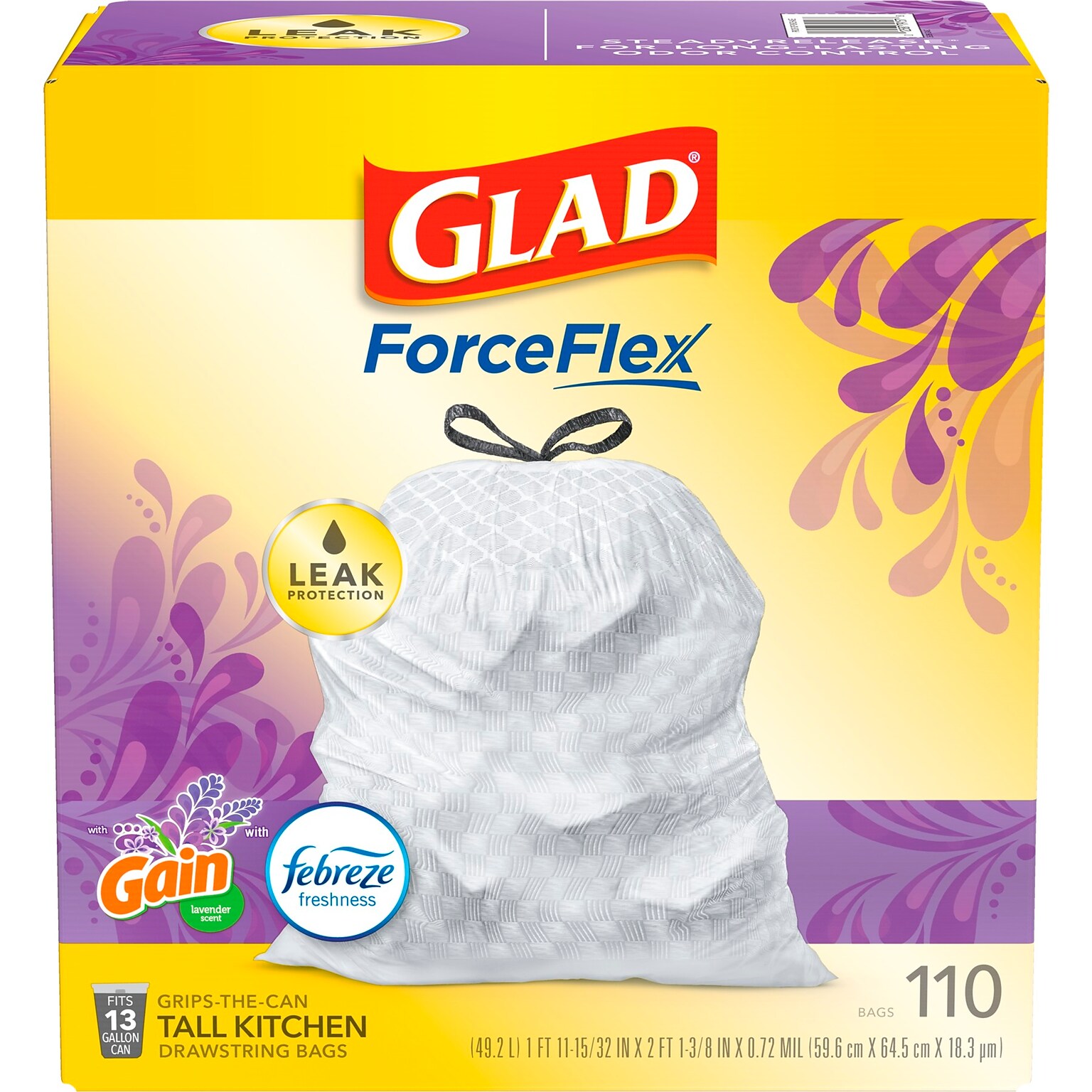 Glad OdorShield 13 Gallon Kitchen Trash Bag, 10.18 x 9.81, Low Density, 0.72 mil, Mediterranean Lavender, White (79157)