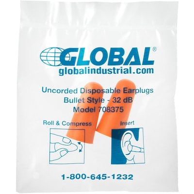 Global Industrial Bullet Earplugs, Tapered, Uncorded, NRR 32 dB, 200 Pairs/Box (708375)