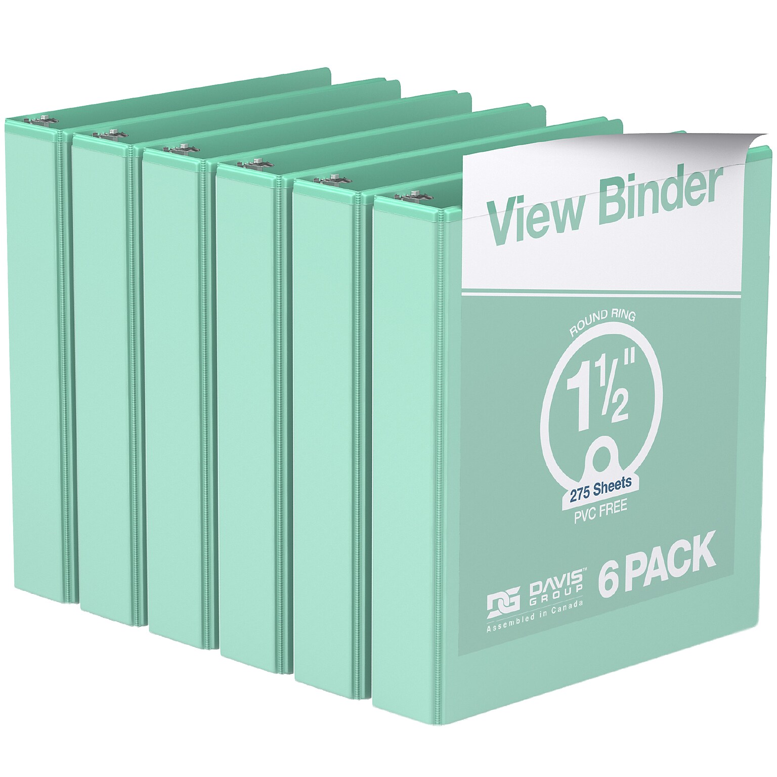 Davis Group, 1.5, 8.5 x 11, Round Ring View Binder, Pastel Color, Mint, 6/Pack (7412-14-06)