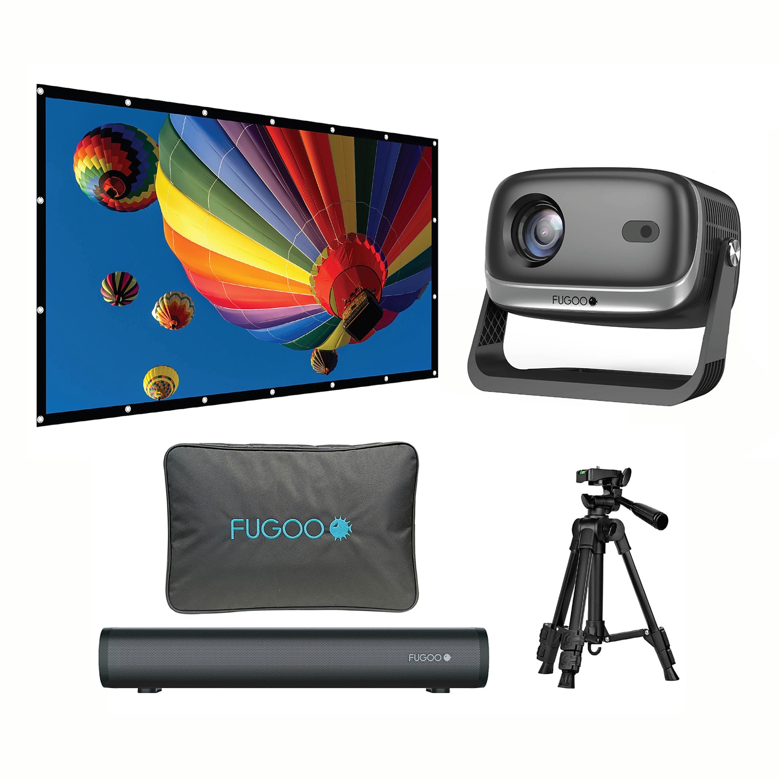 Fugoo Wireless 1080p Projector with 15.7 Bluetooth Soundbar, 120 Screen & Adjustable Tripod, Black (FPJ1080PS)