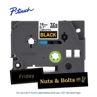 Brother P-touch Laminated Label Tape, 3/4" x 26.2', Gold on Black (TZe344)