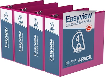 Davis Group Easyview Premium 4 Angle D Ring, Customizable, View Binder, Pink, 4/Pack (8406-43)