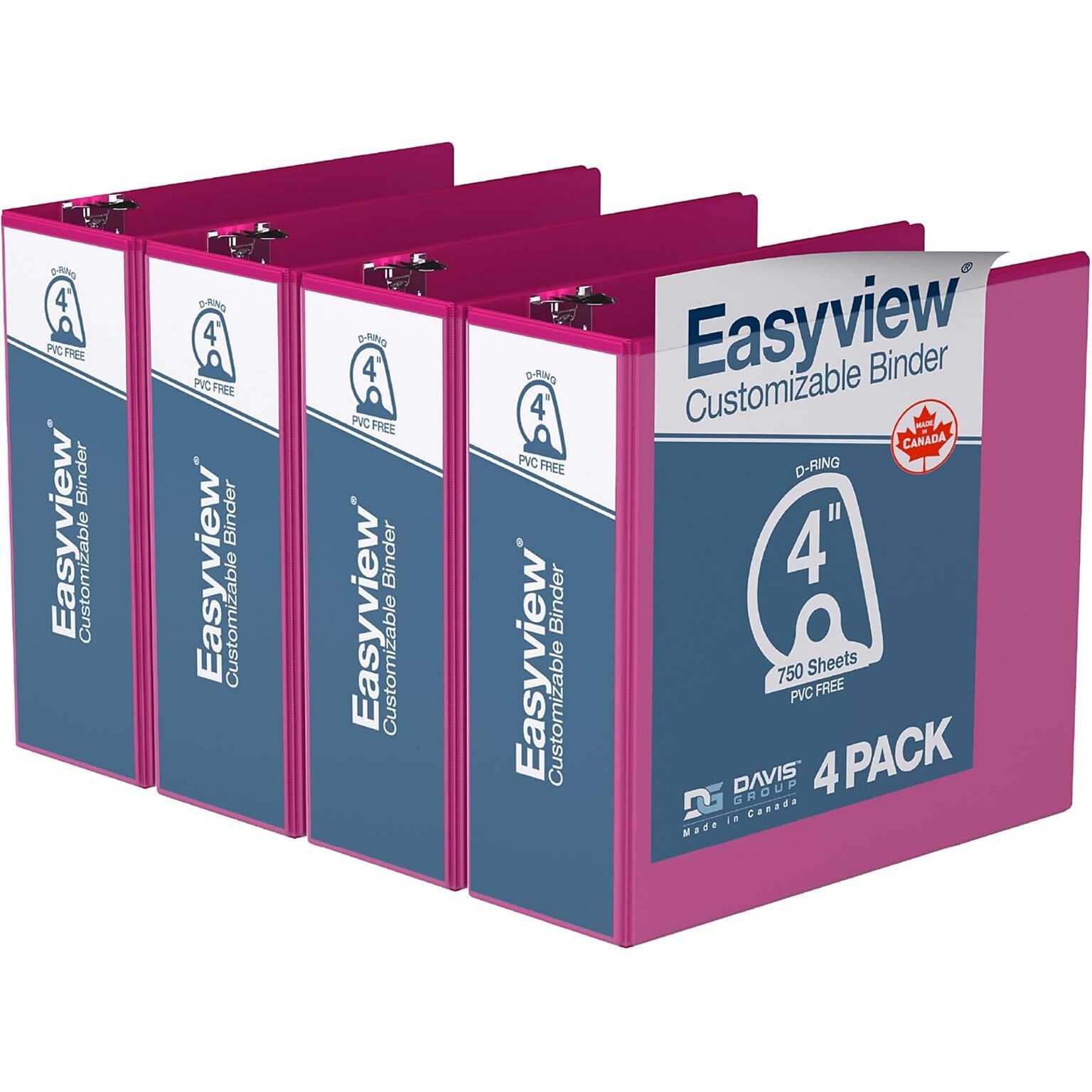 Davis Group Easyview Premium 4 Angle D Ring, Customizable, View Binder, Pink, 4/Pack (8406-43)