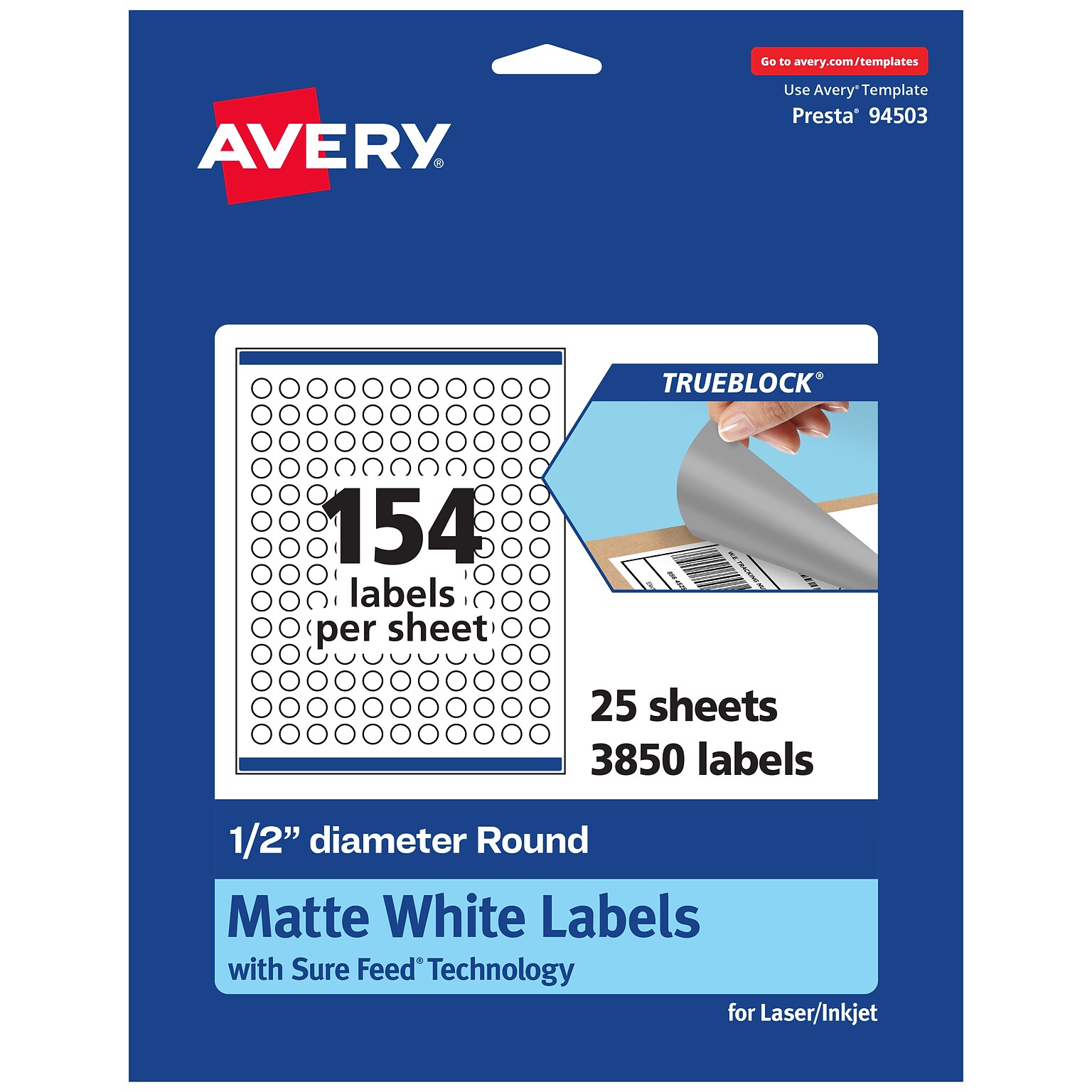 Avery TrueBlock Laser/Inkjet Round Multipurpose Labels, 0.5 Dia., White, 3850 Labels/Pack (94503)