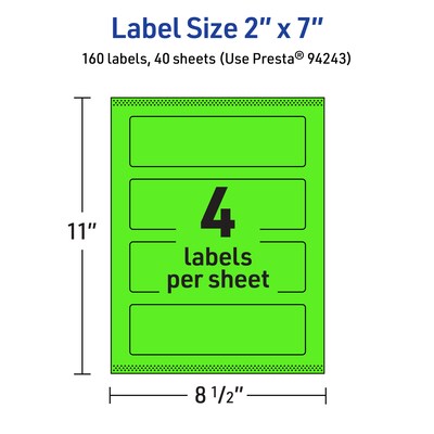 Avery Laser/Inkjet Multipurpose Rectangle Labels, 2" x 7", Neon Green, 160/Pack (94243)
