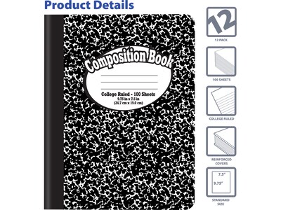 Better Office 1-Subject Composition Notebooks, 7.5 x 9.75, College Ruled, 100 Sheets, Black, 12/Pa