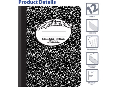 Better Office 1-Subject Composition Notebooks, 7.5" x 9.75", College Ruled, 100 Sheets, Black, 12/Pack (25312-12PK)