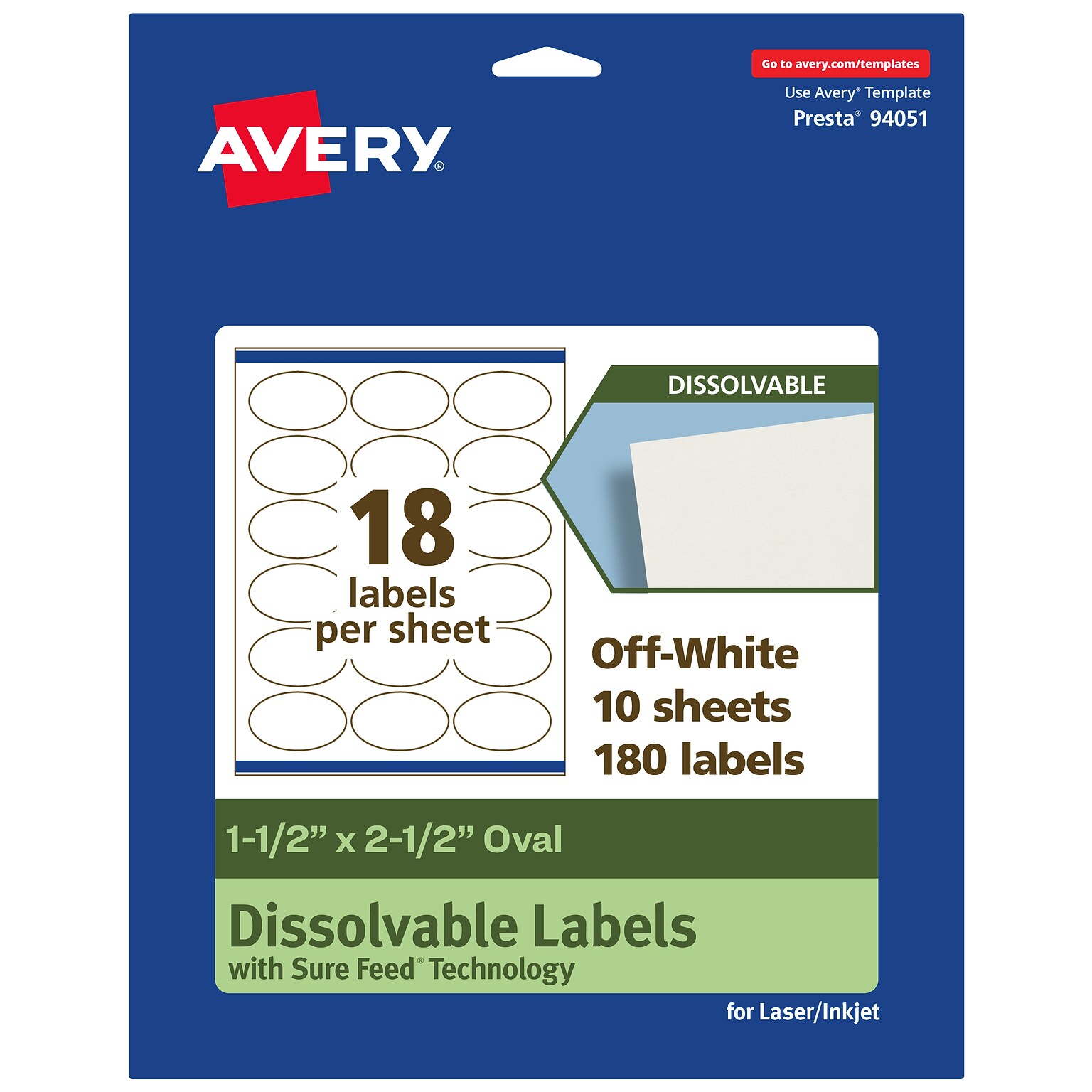 Avery Dissolvable Oval Multipurpose Labels, 1.5 x 2.5, Off-white, 180/Pack (94051)
