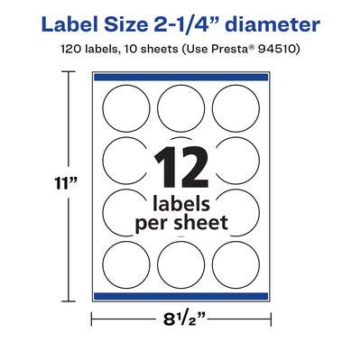 Avery Laser/Inkjet Circle Multipurpose Labels, 2.25"  Dia, Glossy White, 120/Pack (94510)