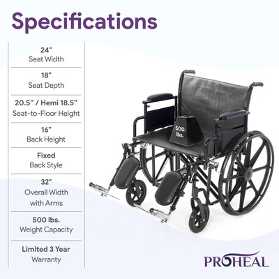 ProHeal Bariatric 24" Wheelchair, Removable Desk Arms & Elevating Leg Rests, 500 lb. Capacity, Vinyl, Black (PH-WCK724DAELR)
