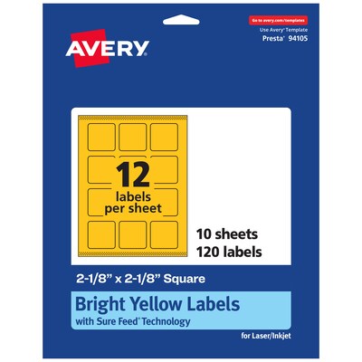 Avery Square Laser/Inkjet Multipurpose Labels, 2-1/8 x 2-1/8, Bright Yellow (120/Pack)
