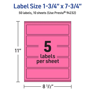 Avery Laser/Inkjet Rectangle Multipurpose Labels, 1.75" x 7.75", Bright Pink, 50/Pack (94232)
