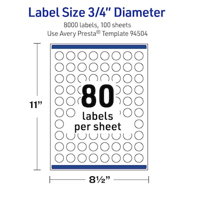 Avery Waterproof Round Laser Multipurpose Labels, 0.75" Dia., White, 8000/Box (19479399419)
