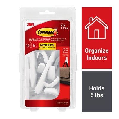 Command Large Utility Hooks Mega Pack, 5 lb., White, 14/Pack (17003-MPES)