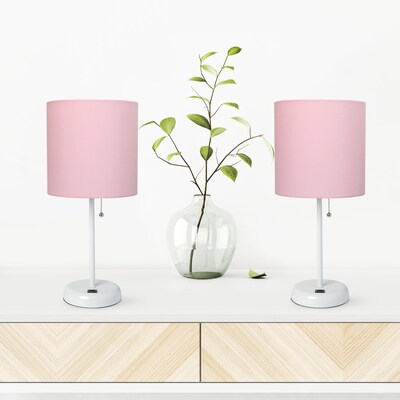 Creekwood Home Oslo Duo 19.5" LED Table Lamp with USB Port, White Base/Light Pink Shade, 2/Set (CWT-2011-PO-2PK)