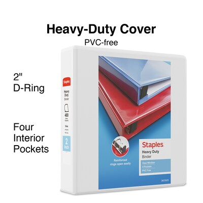 Staples® Heavy Duty 2" 3 Ring View Binder with D-Rings, White, 6/Pack (56264CT/24688CT)