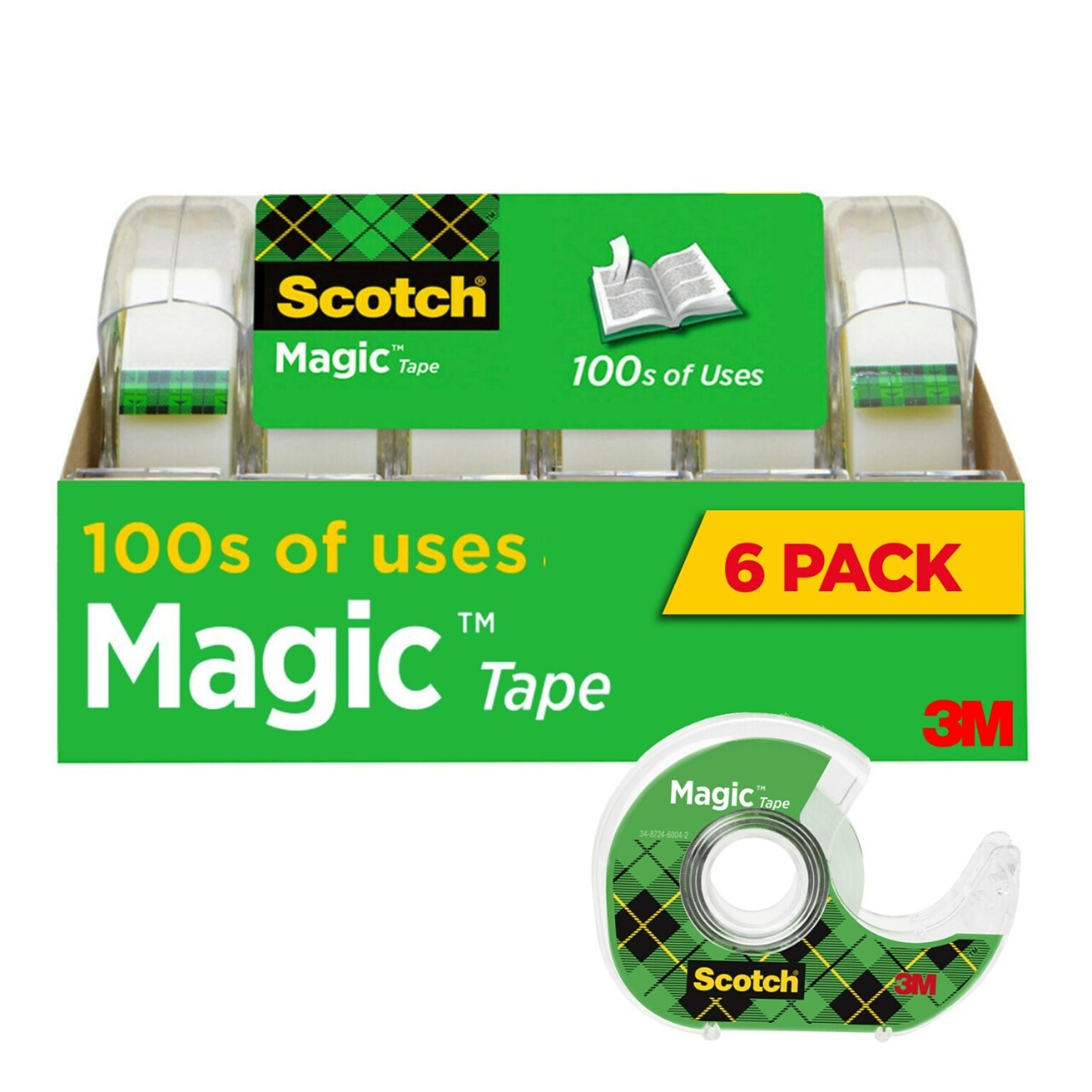 Scotch Magic Invisible Clear Tape With Dispenser, 0.75 x 18 yds., 1 Core, Transparent, 6 Rolls/Pack (6122)