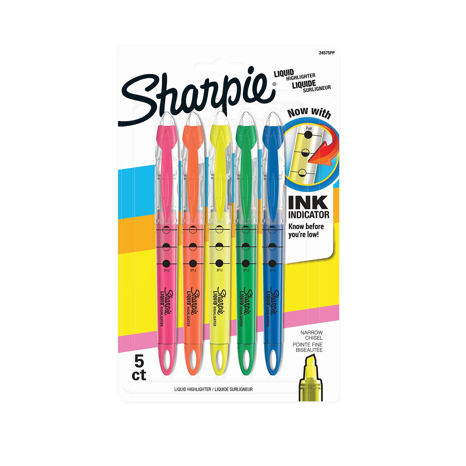 Sharpie Liquid Highlighter, Chisel Tip, Assorted, 5/Pack (24575PP)