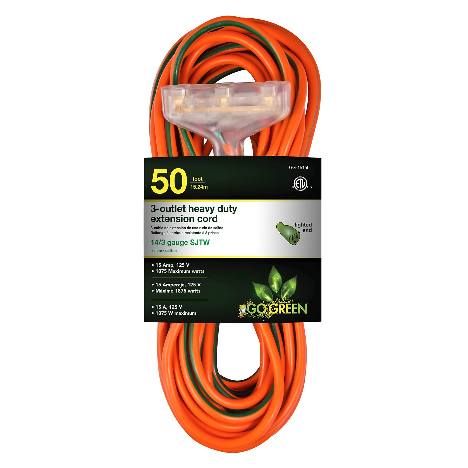 GoGreen Power 50 Indoor/Outdoor Extension Cord, 3-Outlet, 14 AWG, Orange (GG-15150)