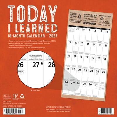 2027 Willow Creek Today I Learned 12 x 12 Monthly Wall Calendar, Assorted Colors (62623)