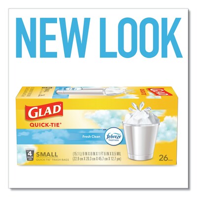 Glad® OdorShield Quick-Tie Small Trash Bags, 4 gal, 0.5 mil, 8 x 18, White, 26 Bags/Box, 6 Boxes/C