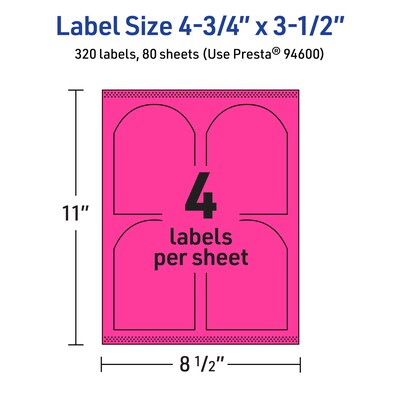 Avery Arched Laser/Inkjet Multipurpose Labels, 4.75" x 3.5", Neon Magenta (320/Box)