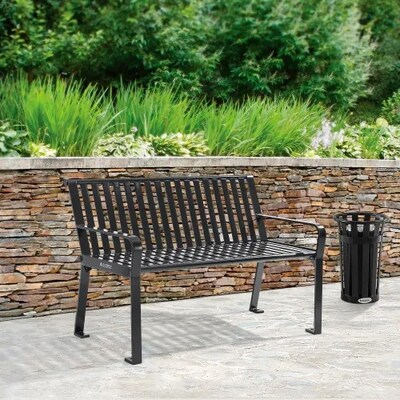 Global Industrial 4' Outdoor Bench w/ Back, Vertical Steel Slat, Black (694853BKKD)