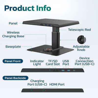 Purely S502 Ergonomic Adjustable Monitor Riser & Laptop Docking Station with Wireless Charging, Black (PMS502DS)