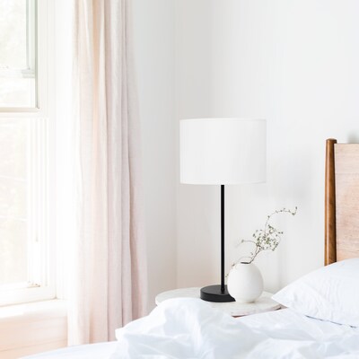 Simple Designs Black Stick Lamp Fabric Shade, White (LT2040-BAW)