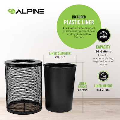 Alpine Industries 4460 Series Steel Mesh Outdoor Trash Can with Liner, 36 Gallon, Black (ALP4460-01-BLK)