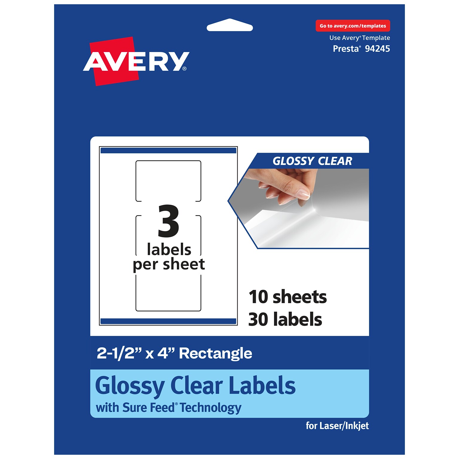 Avery Laser/Inkjet Multipurpose Labels, 4 x 2.5, Glossy Clear, 30/Pack (94245)
