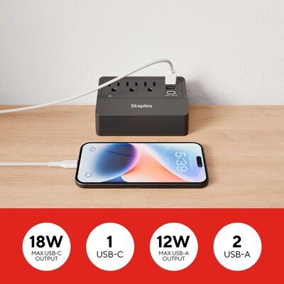 Staples TECH 3-Outlet 3-USB Port Surge Protector, 5', 900 Joules, Black (ST62770)