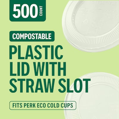 Perk Eco Compostable Straw Slot Cup Lids, 500 Count Bulk Disposable Lids for 12–16 Oz Cold Cups, Clear