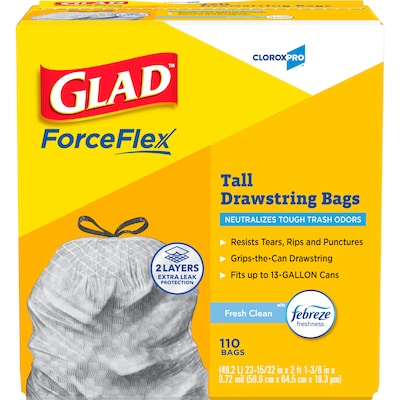 CloroxPro Glad 13 Gallon Drawstring Kitchen Trash Bag, Fresh Clean Scent, Gray, 110 Total Bags (22656)