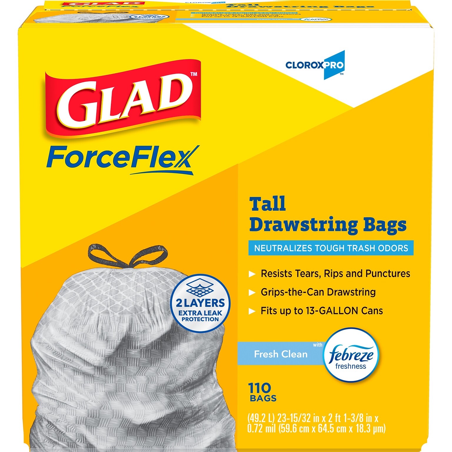 CloroxPro Glad 13 Gallon Drawstring Kitchen Trash Bag, Fresh Clean Scent, Gray, 110 Total Bags (22656)