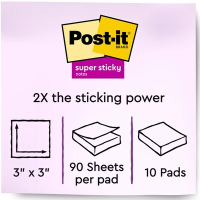 Post-it Super Sticky Notes, 3 x 3, Canary Yellow, 90 Sheets/Pad, 10 Pads/Pack (654-10SSCY)