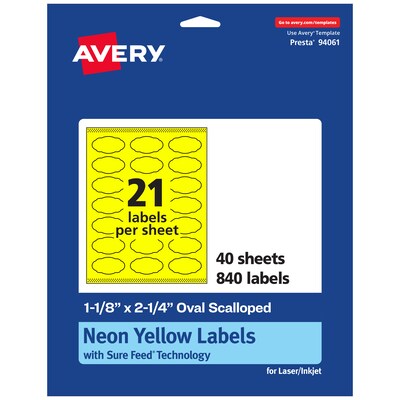 Avery Oval Scalloped Laser/Inkjet Multipurpose Labels, 1-1/8 x 2-1/4, Neon Yellow (840/Box)