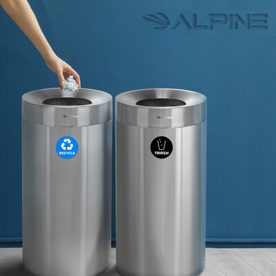 Alpine Industries Stainless Steel Recycling Bin and Trash Can with Open Lid, 27 Gallon, Silver, 2/Pack (ALP475-27-R-T)